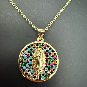 Multicolor Gold Virgin Mary Pendant Necklace